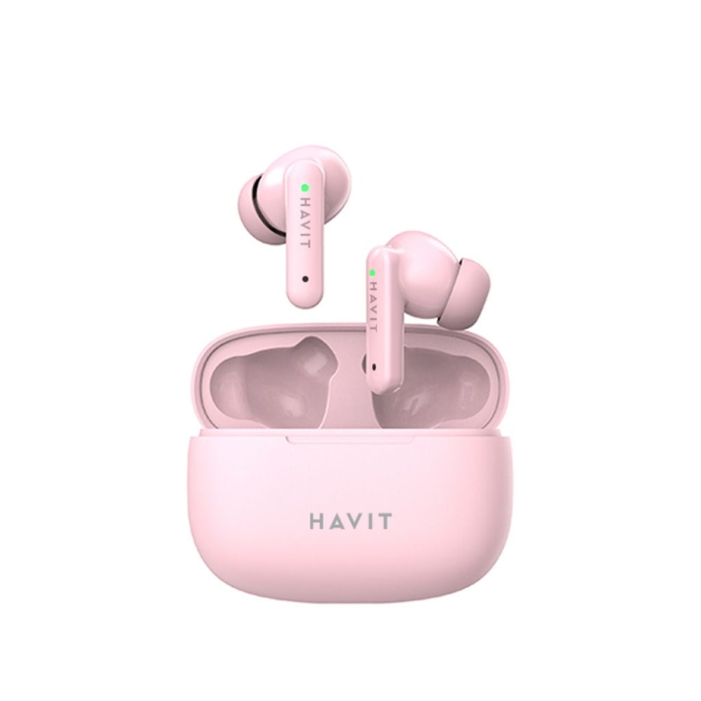 Auriculares Havit Inalambricos Tamaño Compacto Control Tactil Llamadas Nitidas Graves Potentes color Rosado TW967-P