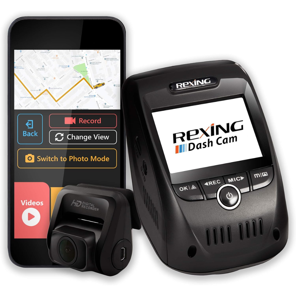 Kit de 2 Camara Vehicular Dash Cam Rexing HD Pantalla 2.4" 170grados 2160P Single 1080+1080 Dual WiFi Soporta Memoria 256GB V1P Pro